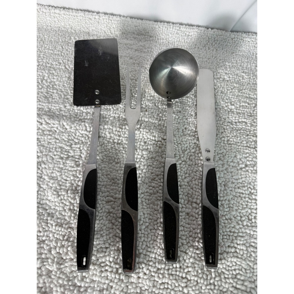 Vintage Stainless Japan 4pc Kitchen Utensil Set Mid Century Modern Black Handles